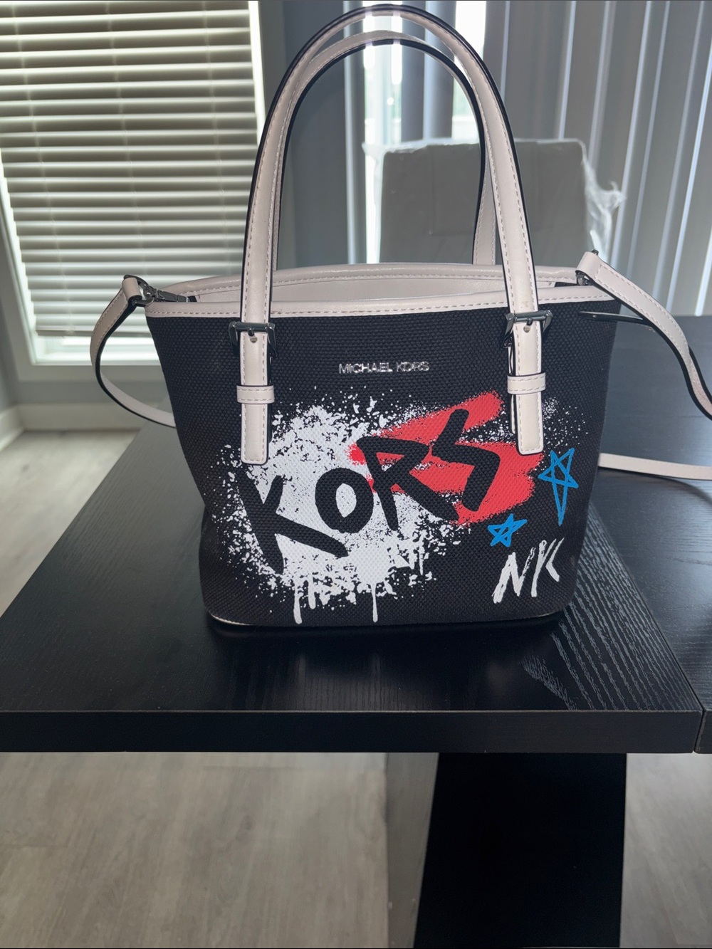 Michael Kors Black Satchel with White Handles and Red & Blue Graffiti